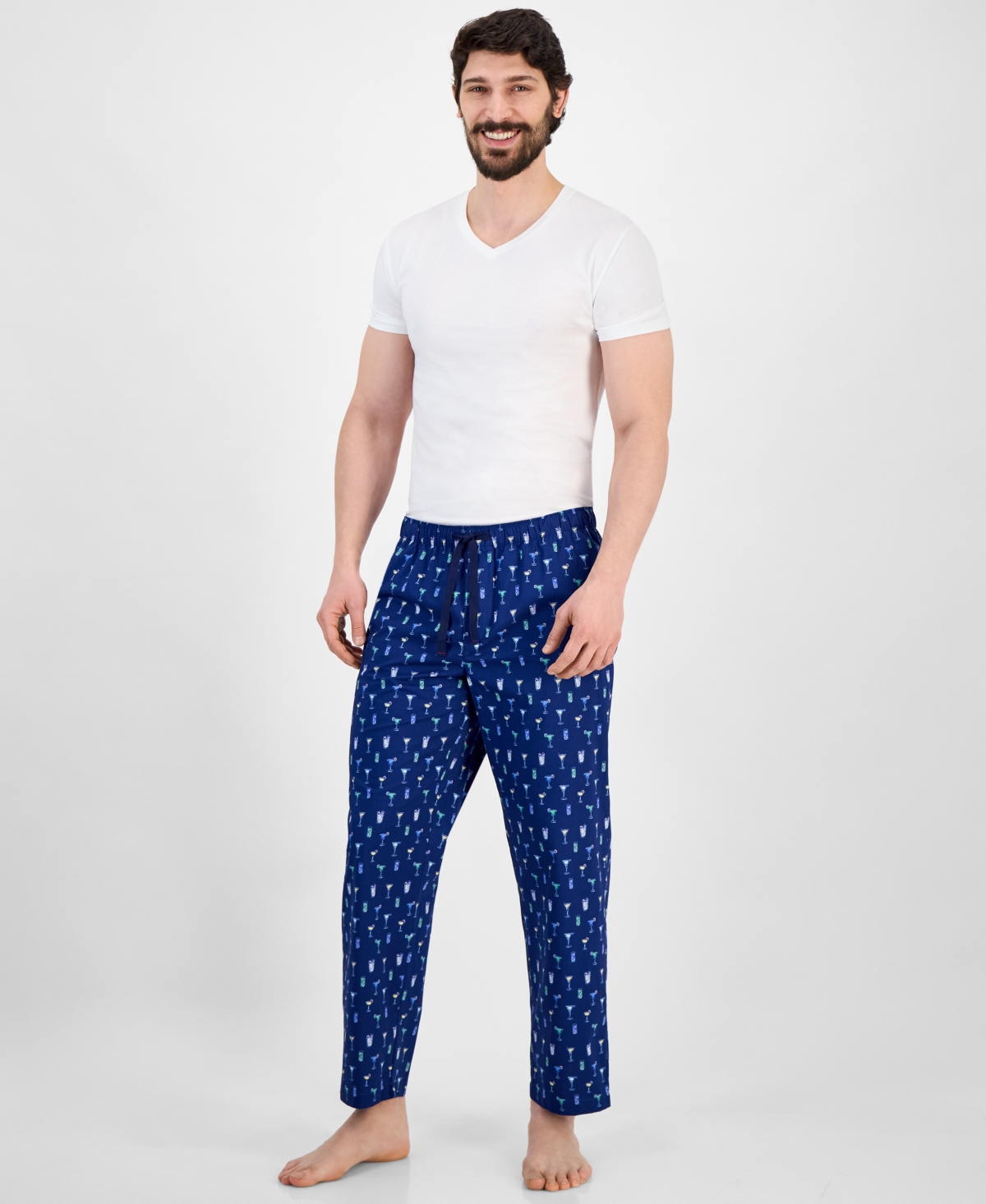 Men's Woven Beverage-Graphic Pajama Pants, Exclusively at Macy's - Navy/Yellow
