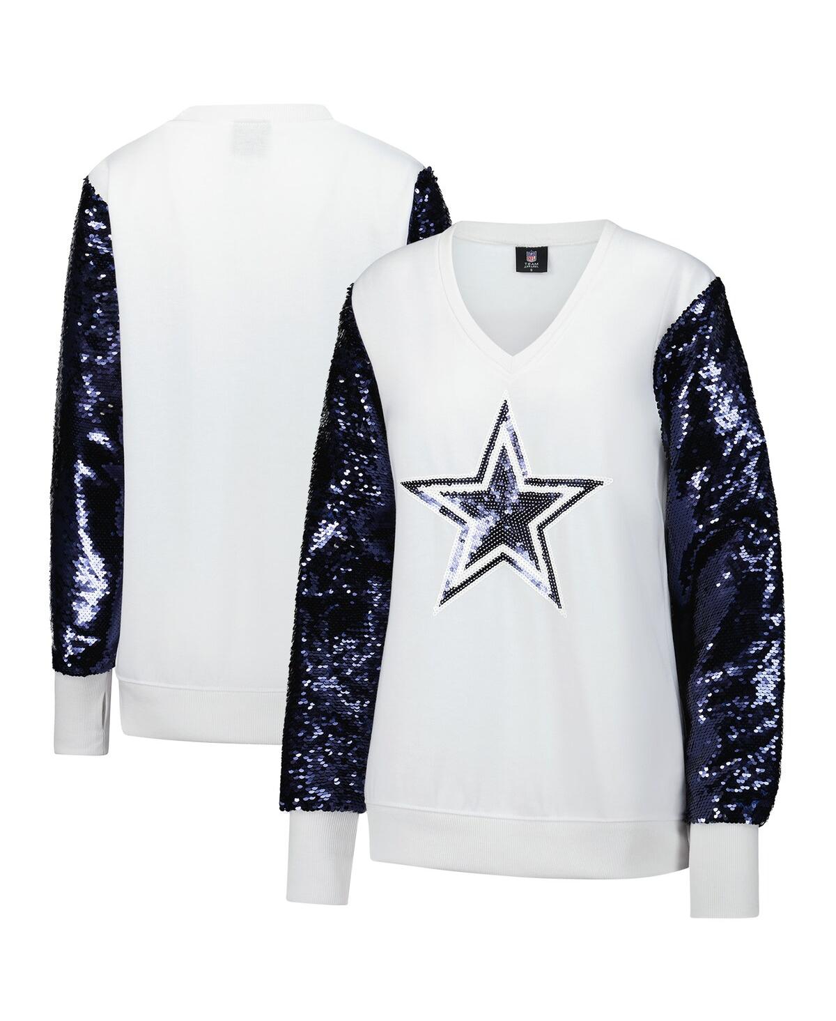 Women's White Dallas Cowboys Sequin Sleeve V-Neck Pullover Sweatshirt - White, Navy