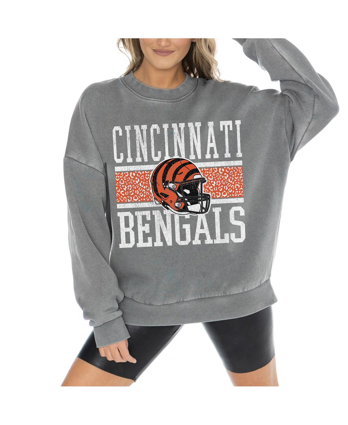 GAMEDAY COUTURE WOMEN'SÂ GRAY CINCINNATI BENGALS VINTAGE WASH OVERSIZED CREWNECK FLEECE PULLOVER 