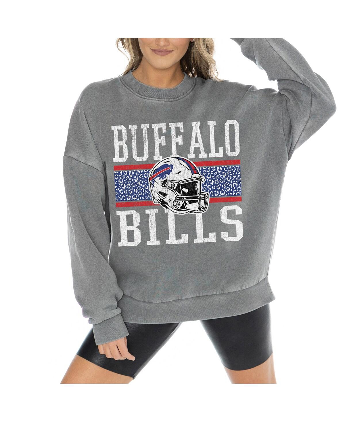 GAMEDAY COUTURE WOMEN'S GRAY BUFFALO BILLS VINTAGE WASH OVERSIZED CREWNECK FLEECE PULLOVER 