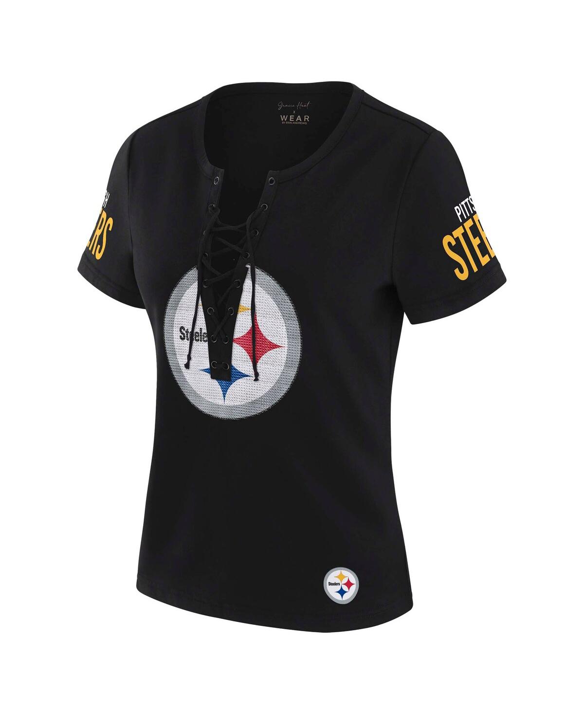 Wear By Erin Andrews X Gracie Hunt Women's Black Pittsburgh Steelers Draft Me Lace-up T-shirt In Black