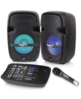 Stage & Studio PA Speaker & DJ Mixer Bundle Kit - (2) 10" Bluetooth PA Loudspeakers with Built-in LED Lights, 8-Ch. Audio Mixer, Speaker Stands, Wired Microphone (600W)