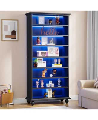 LED-Lit 9-Tier Freestanding Bookshelf Set with Solid Wood Legs – Tall Open Display Shelf Organizer for Home & Office.