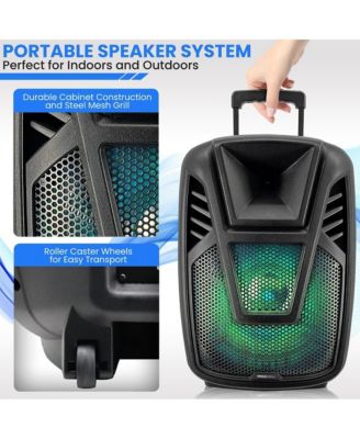 15" Portable Speaker – 80W Max, LED Lights, Wheels, Handles, Remote, Digital Amp, Rechargeable Battery – PA Loudspeaker System