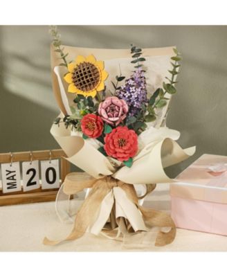 Flower Bouquet 3D Wooden Puzzle DIY Model Building Kits Toys, Multicolored, 10.2"5.1"17.3"