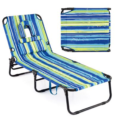 Folding Beach Sun Lounger Adjustable Face Down Tanning Chair w/ Face Hole and Removable Pillows Sand