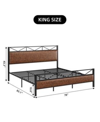 King Bed Frame, Metal Platform Bed Frame with Rustic Vintage Soft-breaded Headboard and Footboard, Noise Free, No Box Spring Needed, Easy Assembly, Large Under Bed Storage