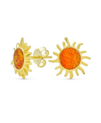 Iridescent Celestial Summer Vacation Sun Beach Fun Created Synthetic Blue Mexican Opal Sunburst Stud Earrings .925 Sterling Silver