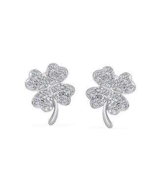 Luck of the Irish Shamrock Pave CZ Four Leaf Clover Stud Earrings .925 Sterling Silver