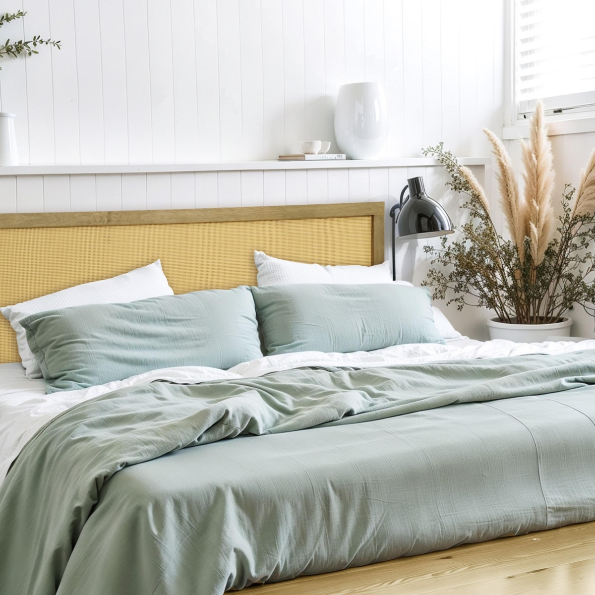 Luxenhome Natural Finish Rubberwood With Rattan Panel Headboard, King In Natural