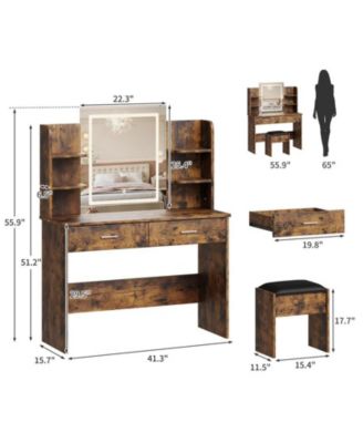 Vanity Desk with Mirror and Lights, Makeup Vanity Set w/Desk and Stool, Power Outlet, Vanity Table w/6 Storage Shelves, 2 Large Drawers and 3 Color Adjustable Brightness