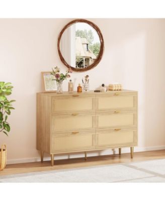 Rattan 6 Drawer Dresser, Farmhouse Wooden Chest of Drawers with 5 Metal Legs, Golden Handles, Wide Double Drawer Dresser for Bedroom, Living Room