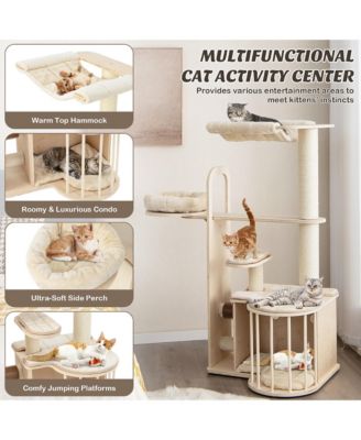 55'' Tall Cat Tree Tower Multi-Layer Wooden Activity Center w/ Rest Condo & Hammock