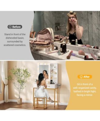 Vanity Desk with Mirror and Lights, Makeup Vanity with 2 Large Drawers and 3 Open Shelves, 3 Lighting Modes Brightness Adjustable, Bedroom