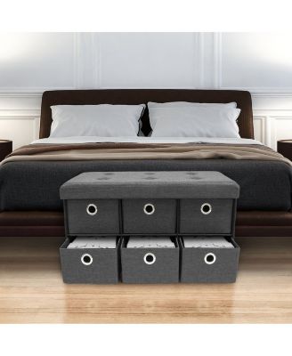 Collapsible Storage Bench Chest with Drawers - Perfect for Entryway, Bedroom Bench, Cubby Drawer Footstool, Hope Chest, Faux Linen