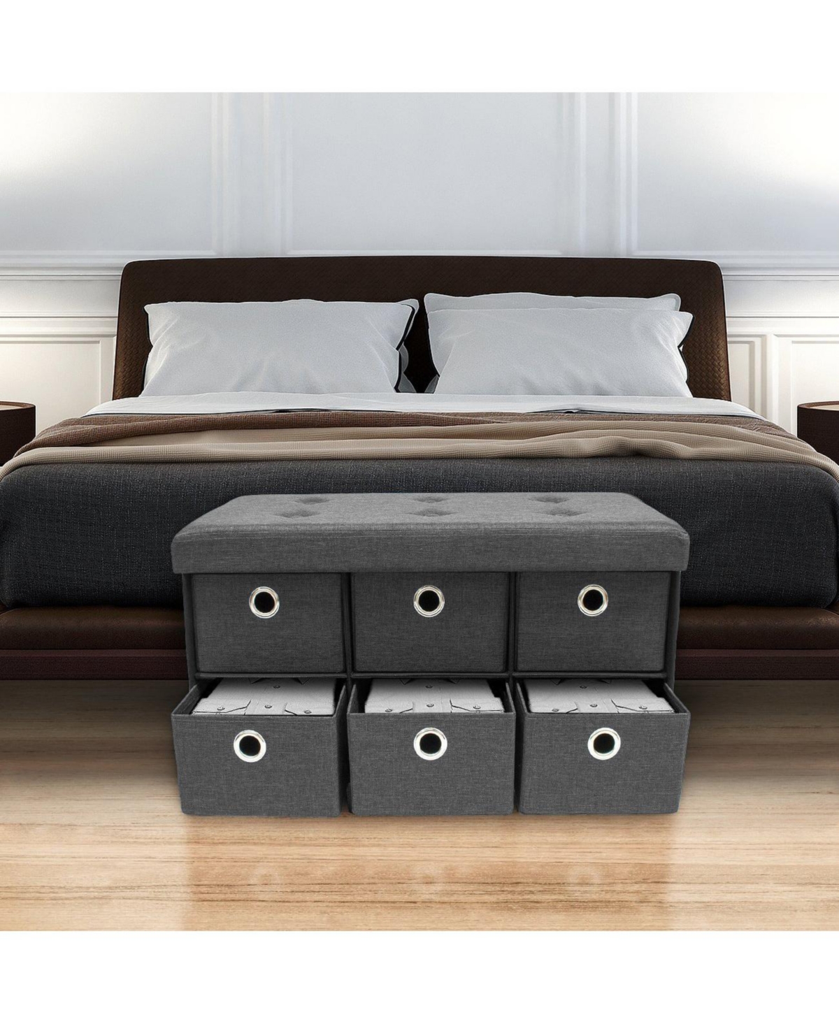 Sorbus Collapsible Storage Bench Chest with Drawers - Perfect for Entryway, Bedroom Bench, Cubby Drawer Footstool, Hope Chest, Faux Linen