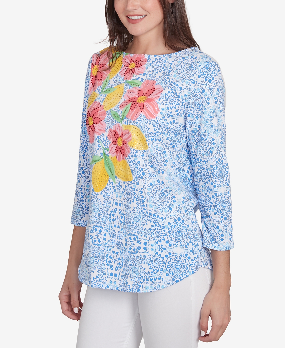 Ruby Rd. Petite Medallion Bold Floral Three Quarter Sleeve T-shirt In Bluebird Multi