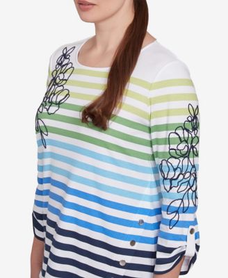 Petite Striped Embellished Three Quarter Sleeve Top