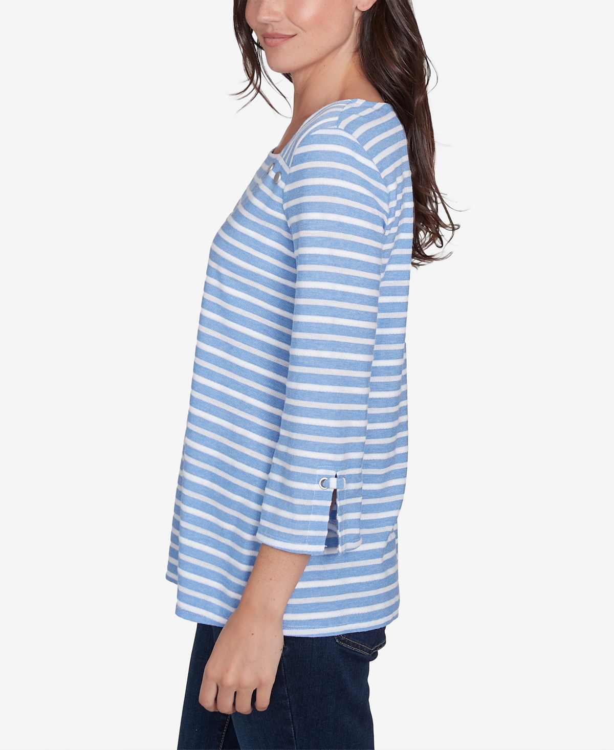Ruby Rd. Petite Ribbon Stripe Laced Sleeve Top In Azure Multi