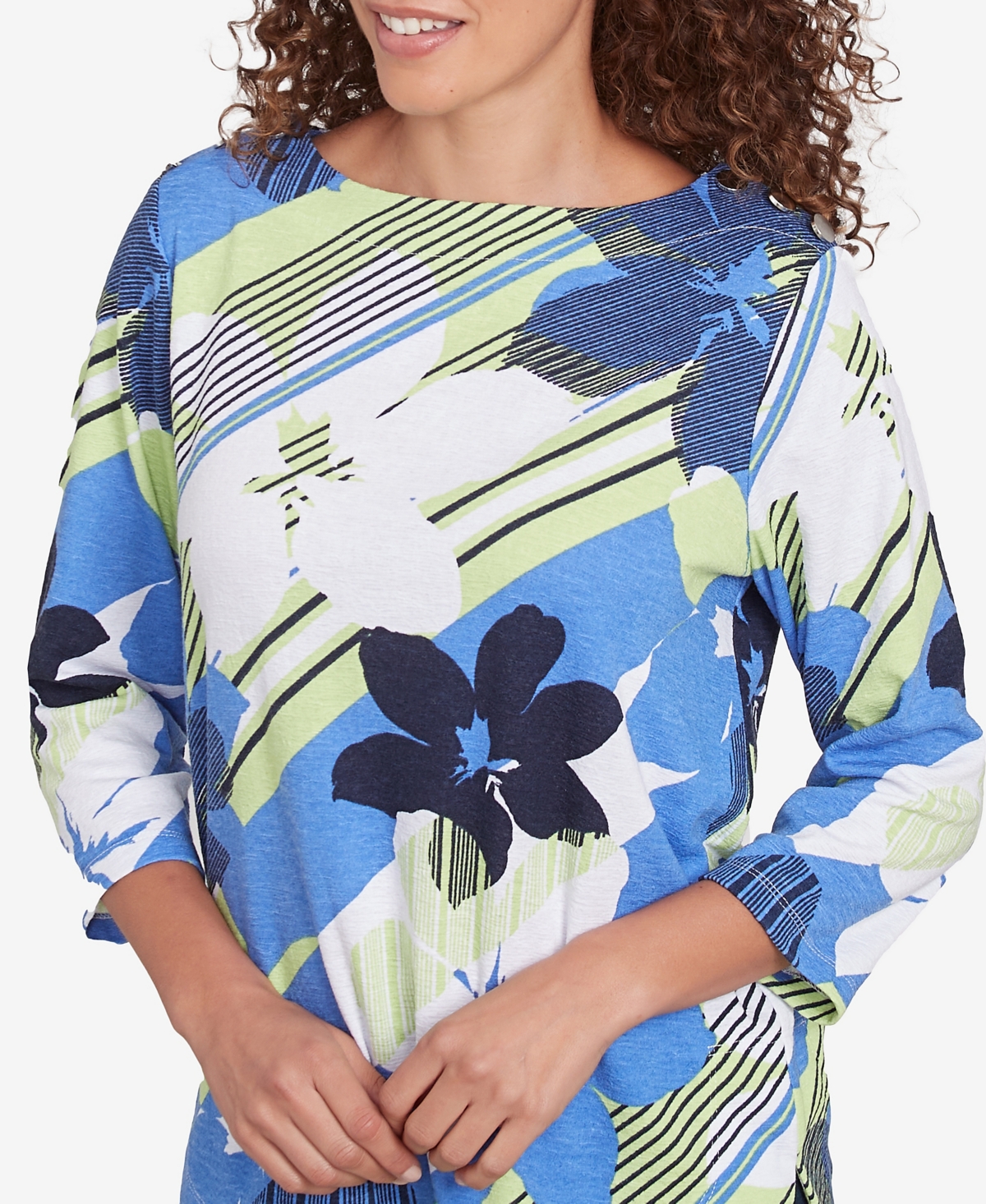 Ruby Rd. Petite Diagonal Striped Floral Three Quarter Sleeve Top In Azure Multi
