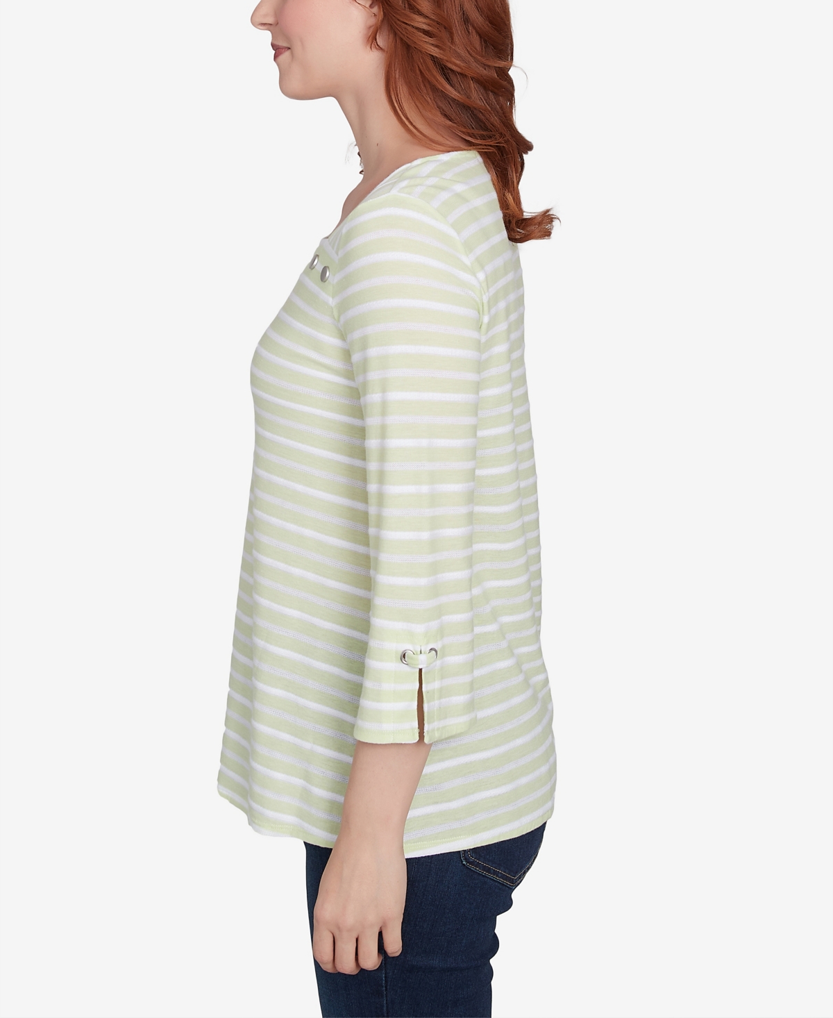 Ruby Rd. Petite Ribbon Stripe Laced Sleeve Top In Avocado Multi