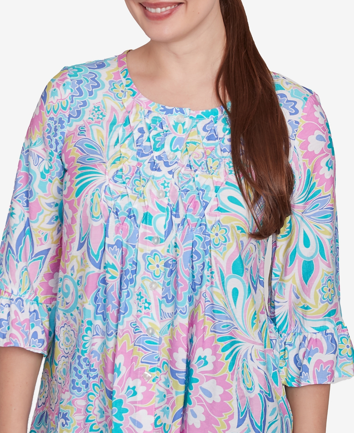 Ruby Rd. Petite Utopian Floral Silky Button Front Top In Capri Blue Multi