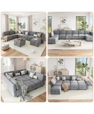 139.4" Chenille Reversible Sectional Sofa, 9-Seater Modular Sectional Sofa, Comfy Sectional Sleeper Sofa Couch with Chaise, U-Shape Modular Couch with Storage Seats & Ottomans, Grey