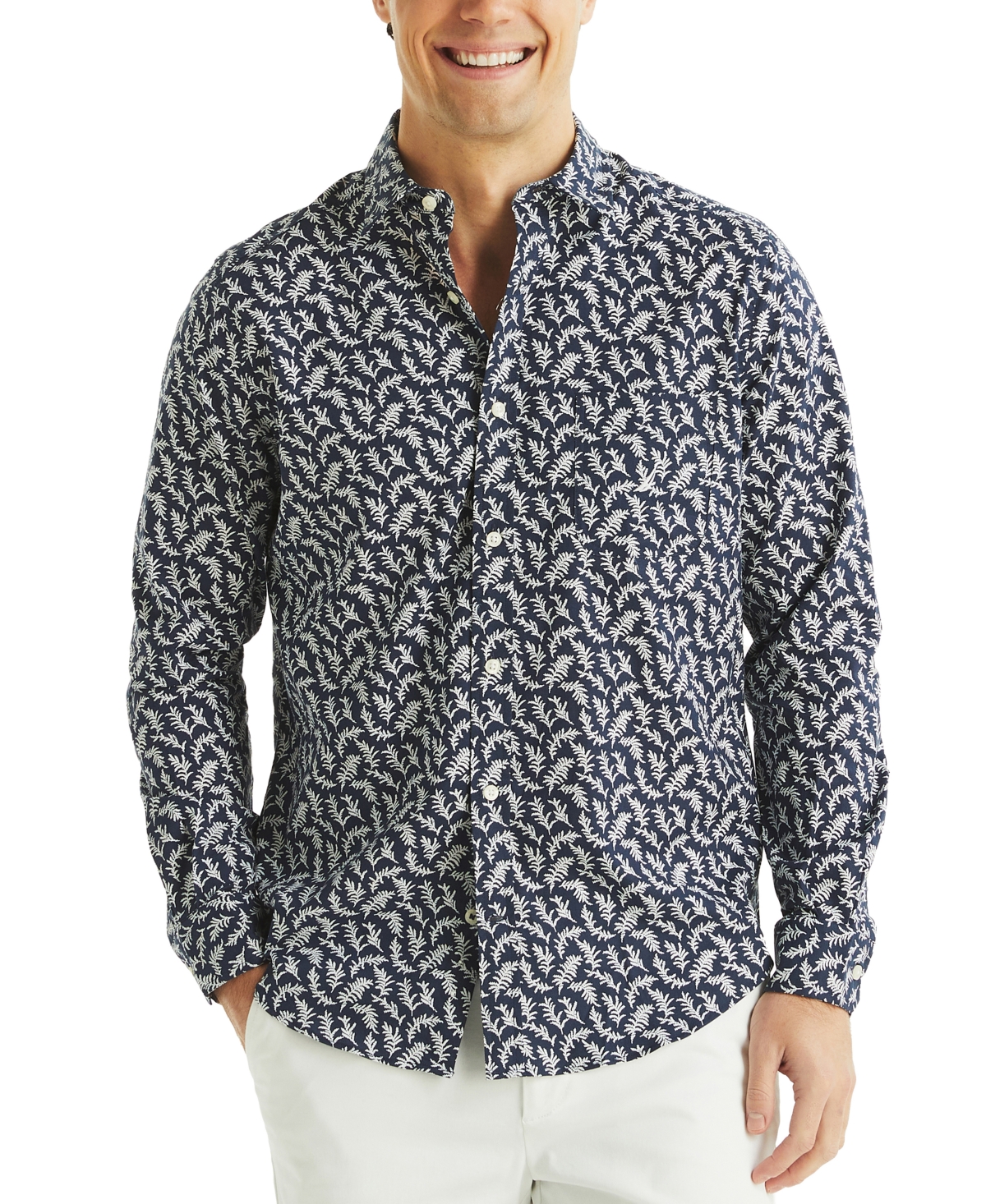 Men's Long Sleeve Button-Front Leaf Print Shirt - Navy Seas