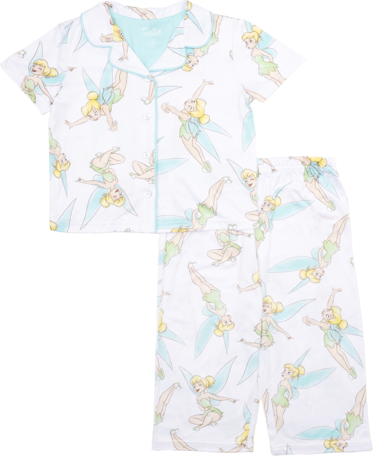 Tinkerbell Toddler Girls Short Sleeve Button Down Sleep Shirt And Open Leg Pant, 2-piece Pajama Set In Assorted
