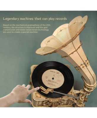 3D Wooden Puzzle Automatic Gramophone Model Kits Electric Mode Self-Assembly Record Player, Beige, 8.89"10.20"16.88"
