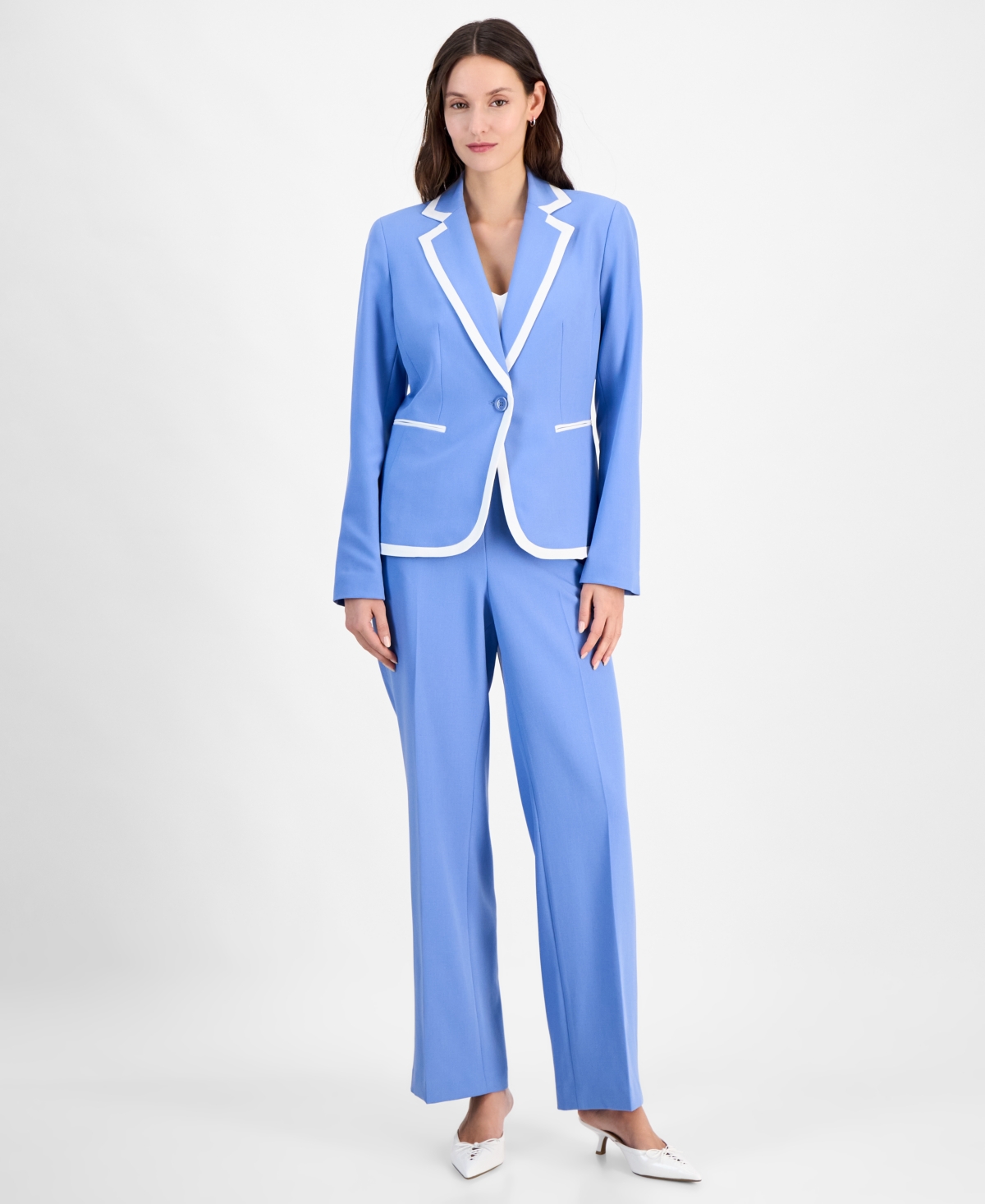Le Suit Women's Trimmed One-button Skirt Suit, Regular And Petite Sizes In Pale Blue