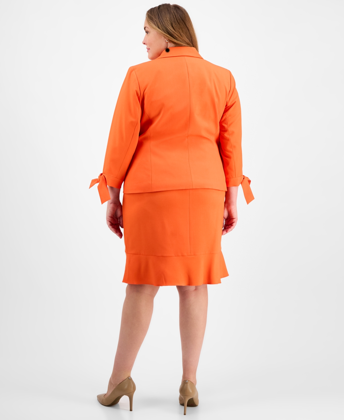 Le Suit Plus Size Three-button Tie-cuff Jacket & Flounce-hem Skirt In Valencia