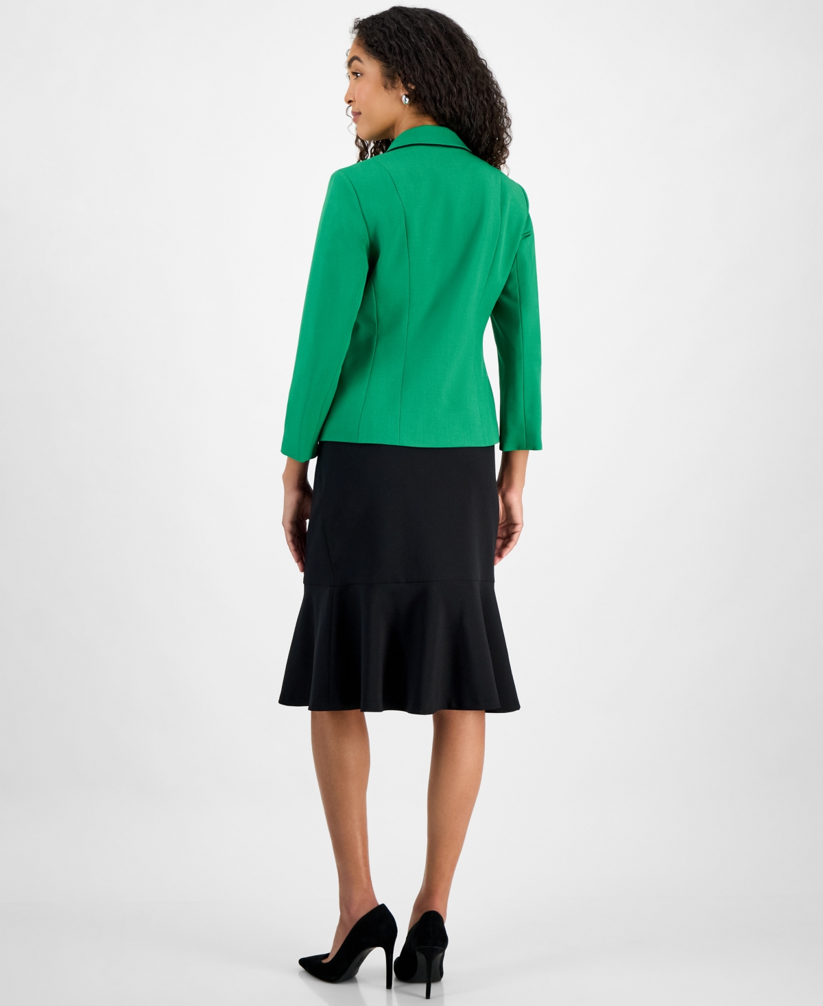 Le Suit Women's Piped Notch-collar Two-button Jacket & Midi Flounce-hem Skirt Regular & Petite Sizes In Verde,black