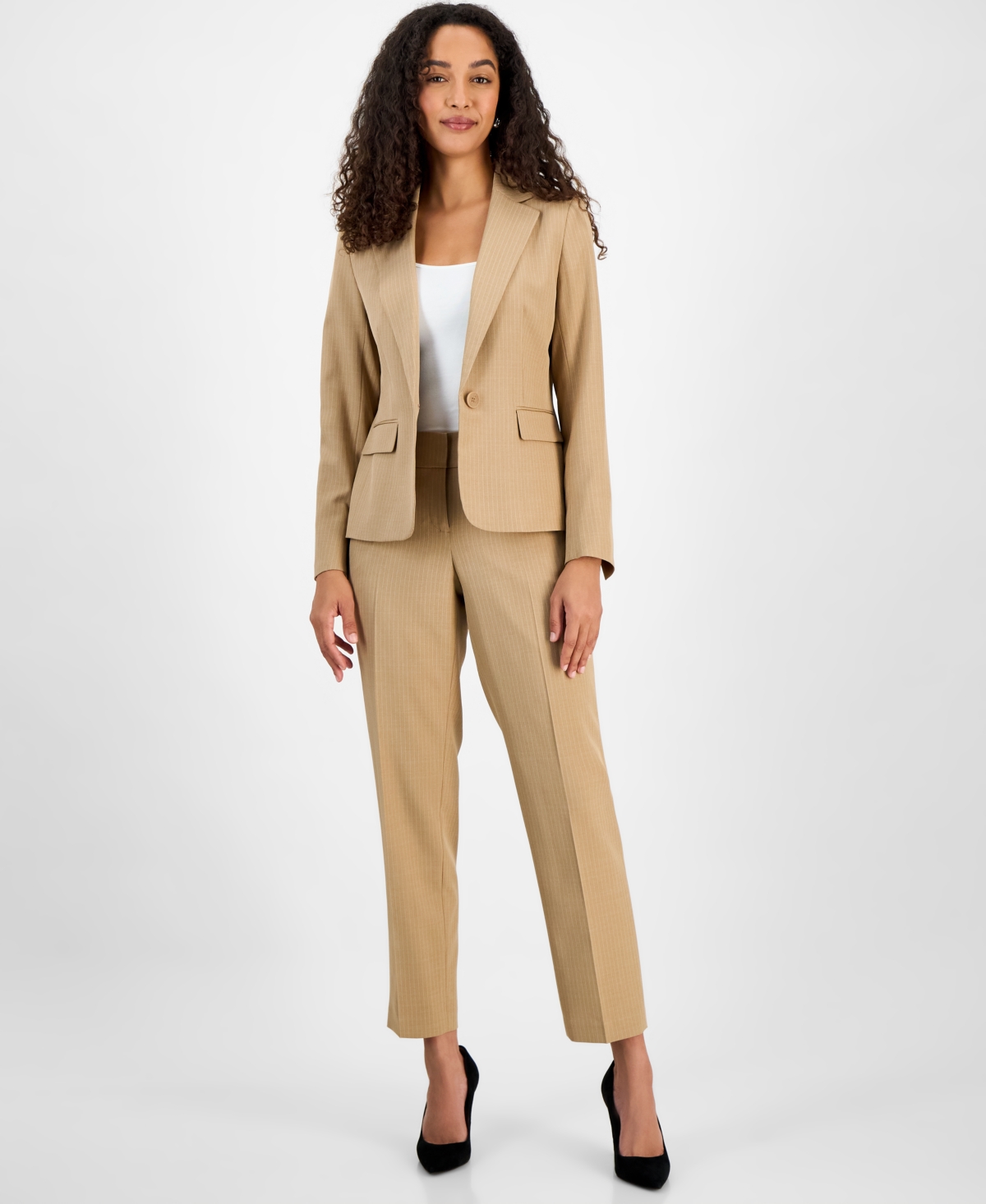 Le Suit Women's Pinstriped Notch-collar One-button Jacket & Straight-leg Mid-rise Pants In Praline,white