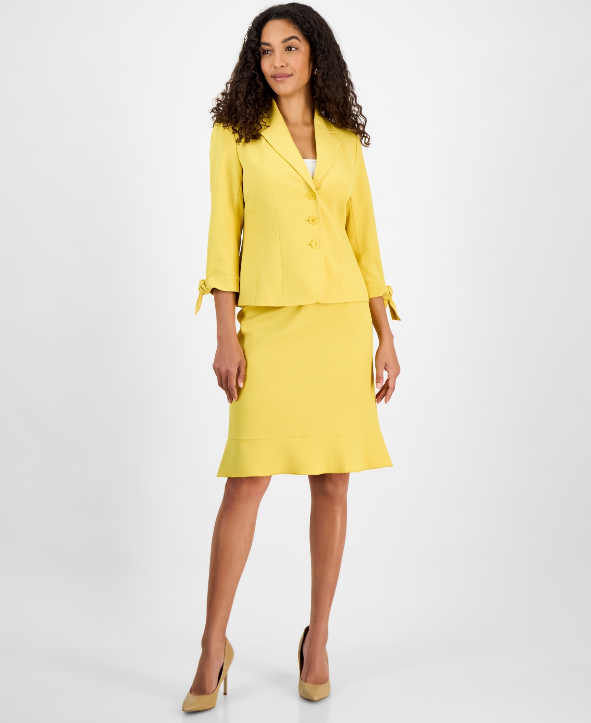 Le Suit Women's Three-button Tie-cuff Jacket & Flounce-hem Skirt In Golden Sunset