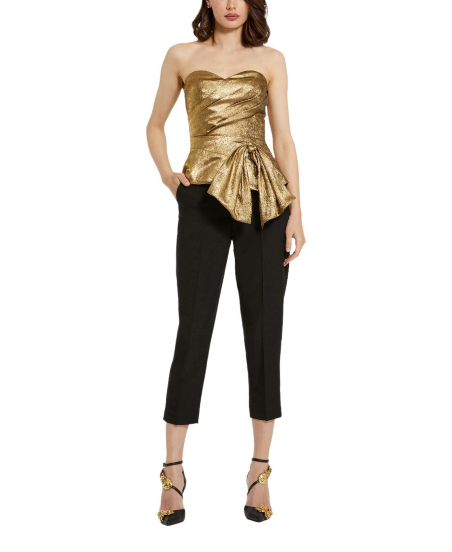Women's Metallic Lame Strapless Wrap Top With Bow Detail