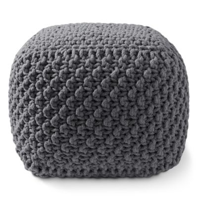 Square Pouf Ottoman, Light Gray - 18.5" W x 18.5" D x 14.5" H Cotton Knit Foot Stool - Boho Floor Pouffe for Living Room