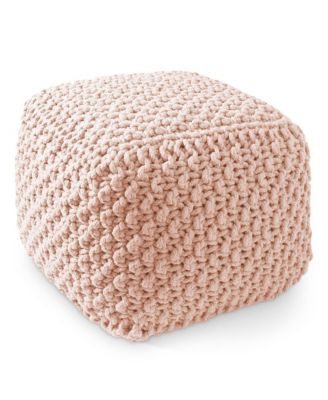 Square Pouf Ottoman, Light Gray - 18.5" W x 18.5" D x 14.5" H Cotton Knit Foot Stool - Boho Floor Pouffe for Living Room