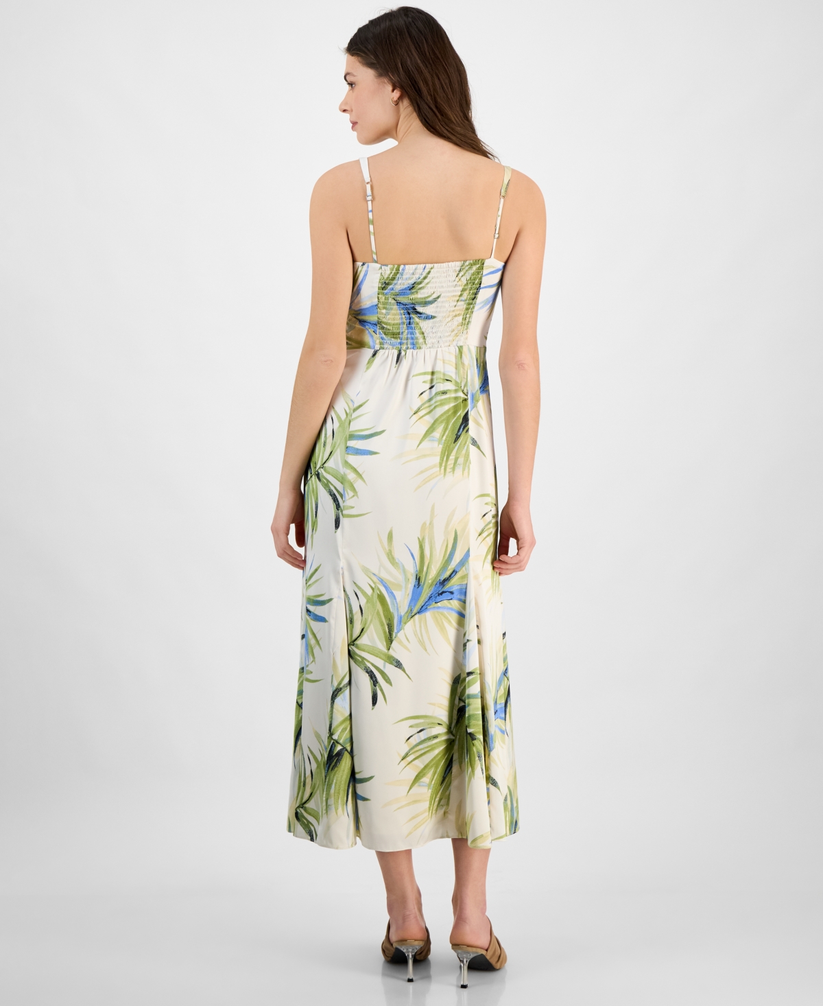 Bar Iii Women's Palm-print Satin Midi Dress, Exclusively At Macy's In Bar White Multi