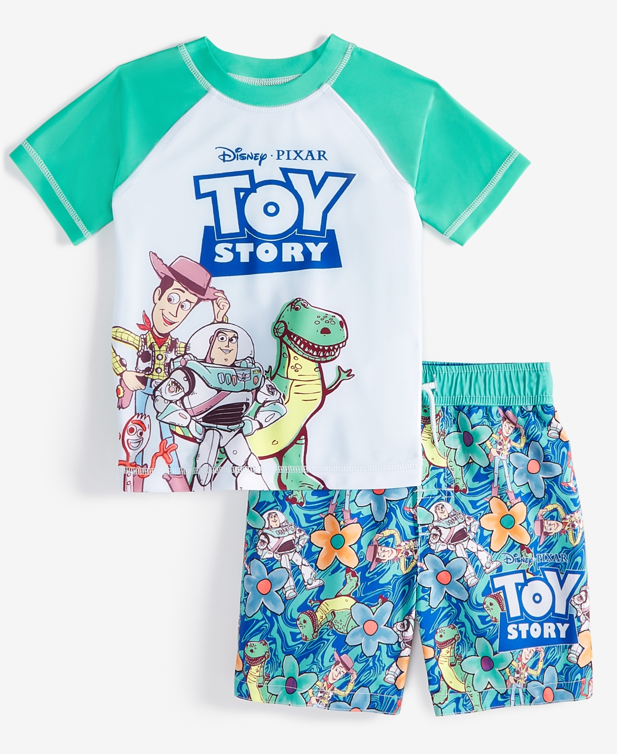 Toy Story Babies' Toddler Boys Rash Guard & Swim Trunks Two-piece Swimsuit In Green