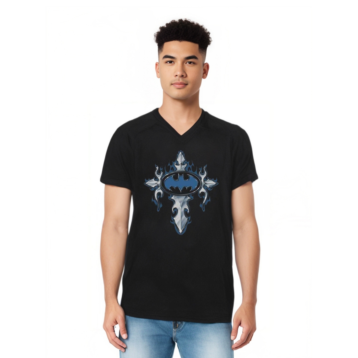 Mens Gothic Steel Logo Short Sleeve Adult V Neck Tee / T-Shirt - Black