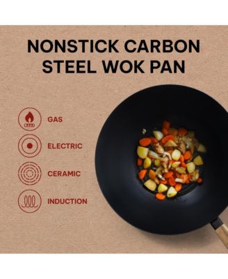 Forest 12” Carbon Steel Wok Pan - Stay-Cool Acacia Handle