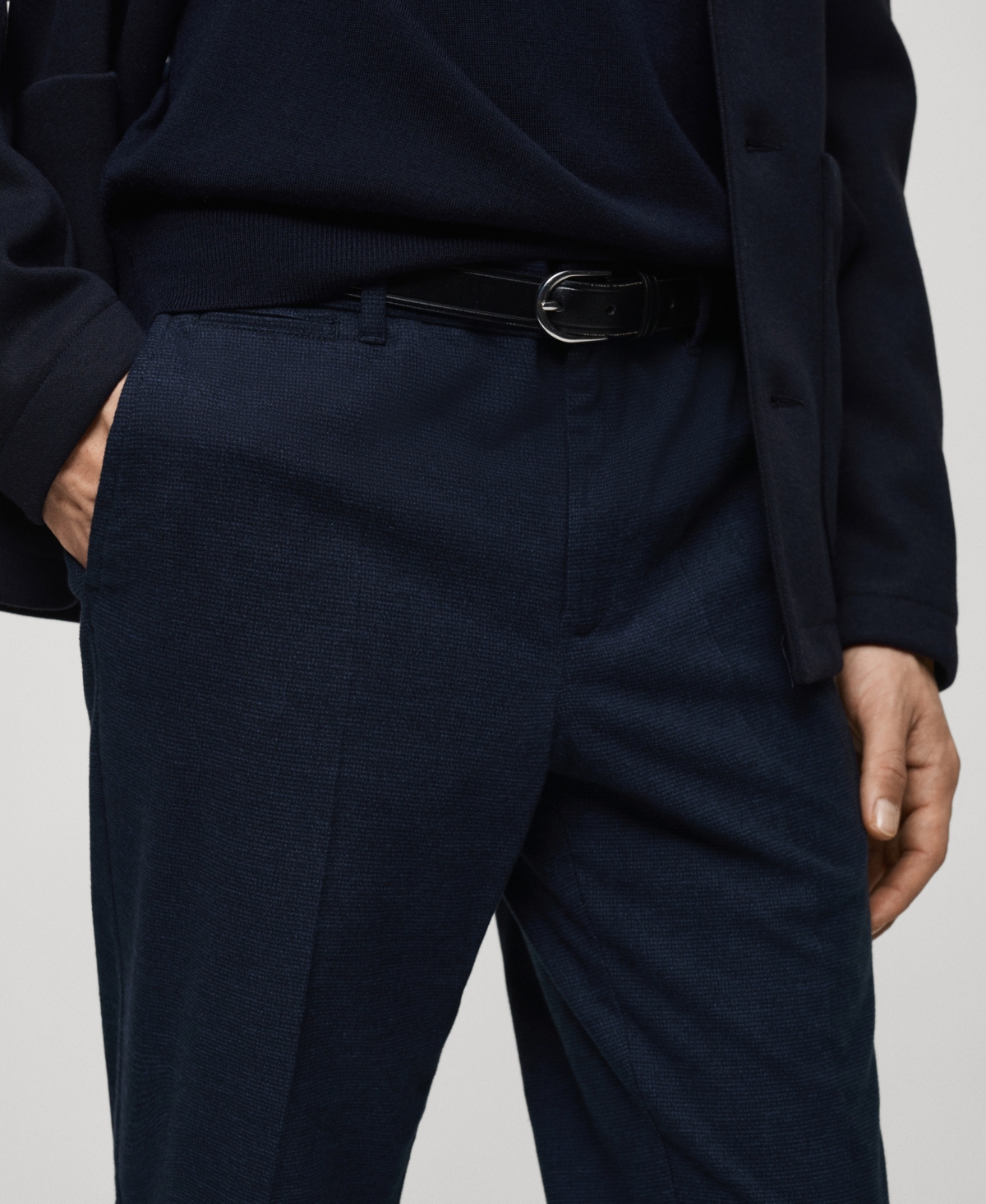 Mango Regular Fit Navy Flat Front Textured Stretch Cotton Pants In Indigo Blue