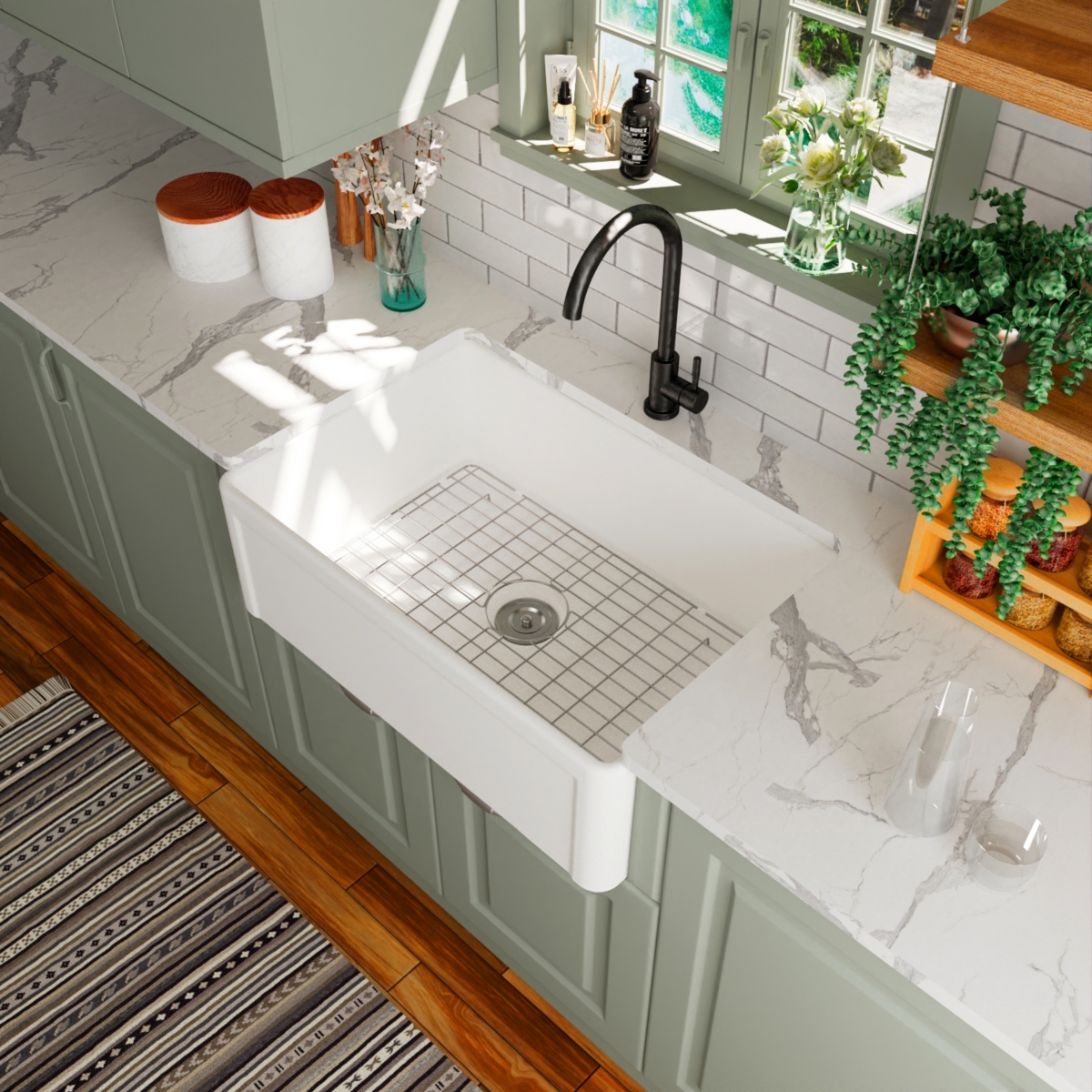 30" L x 20" W Single Bowl Fireclay Farmhouse Kitchen Sink with Bottom Grid and Strainer Drain - White