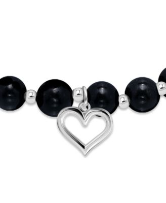 Silver-Plated Beaded Heart Charm Stretch Bracelet