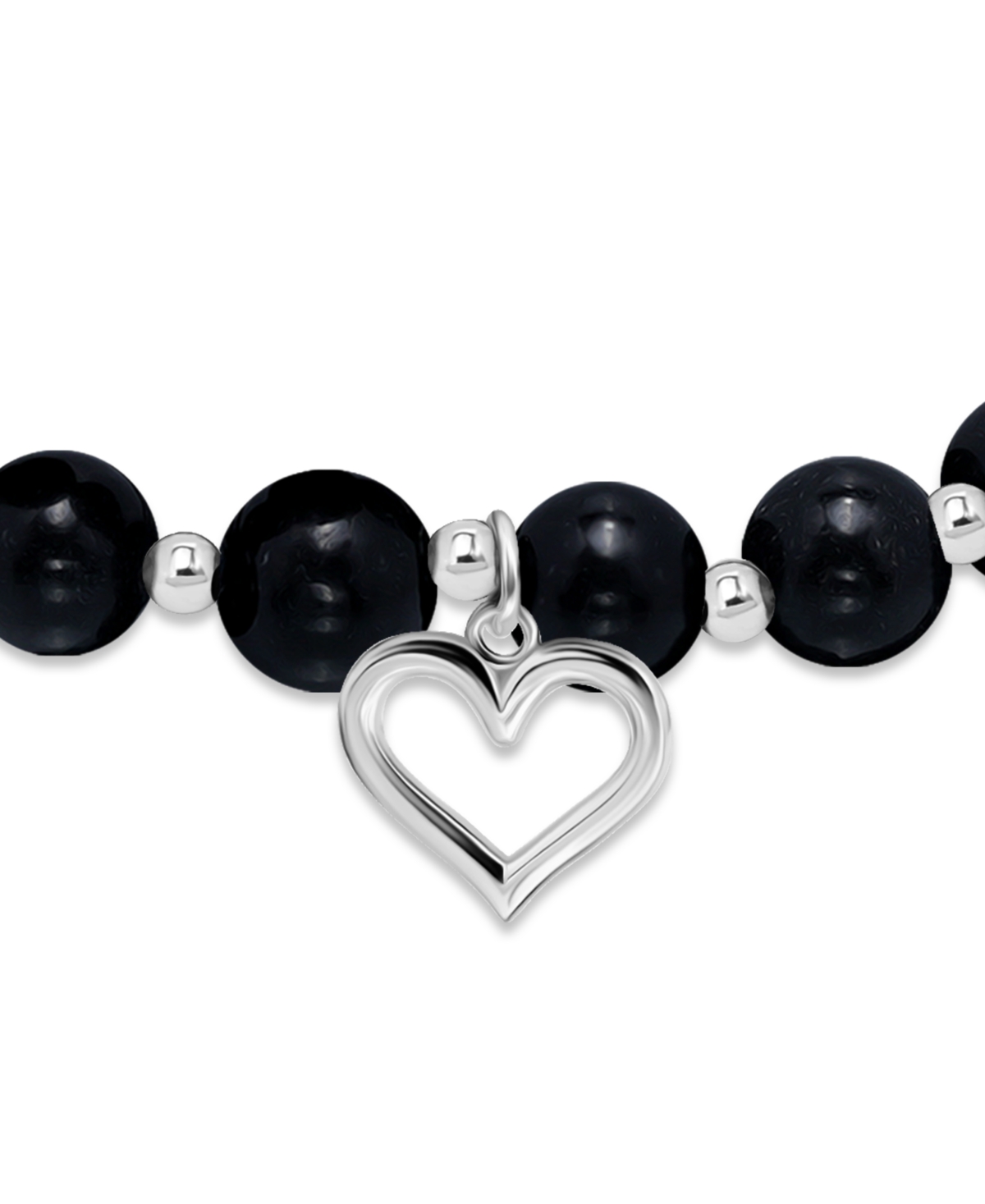 Macy's Silver Plated Beaded Heart Charm Stretch Bracelet In Onyx,silver