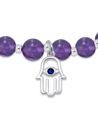 Silver-Plated Beaded Hamsa Hand Charm Stretch Bracelet