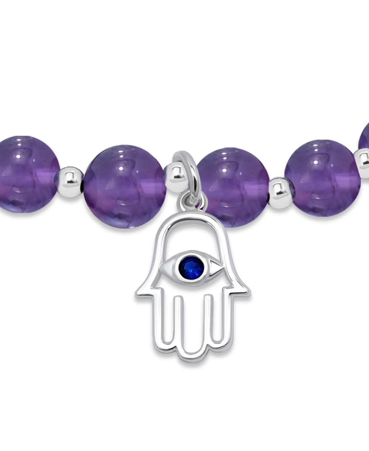 Macy's Silver Plated Beaded Hamsa Hand Charm Stretch Bracelet In Amethyst,silver