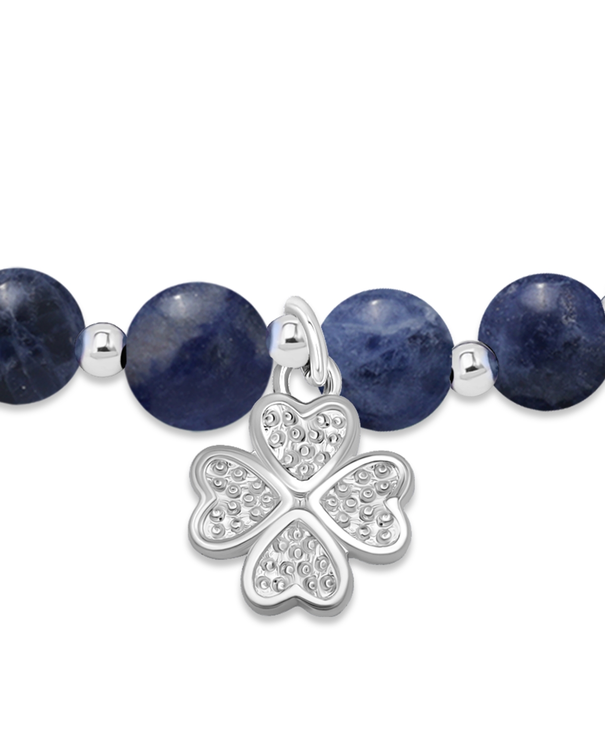 Macy's Silver Plated Beaded Clover Charm Stretch Bracelet In Sodalite,silver
