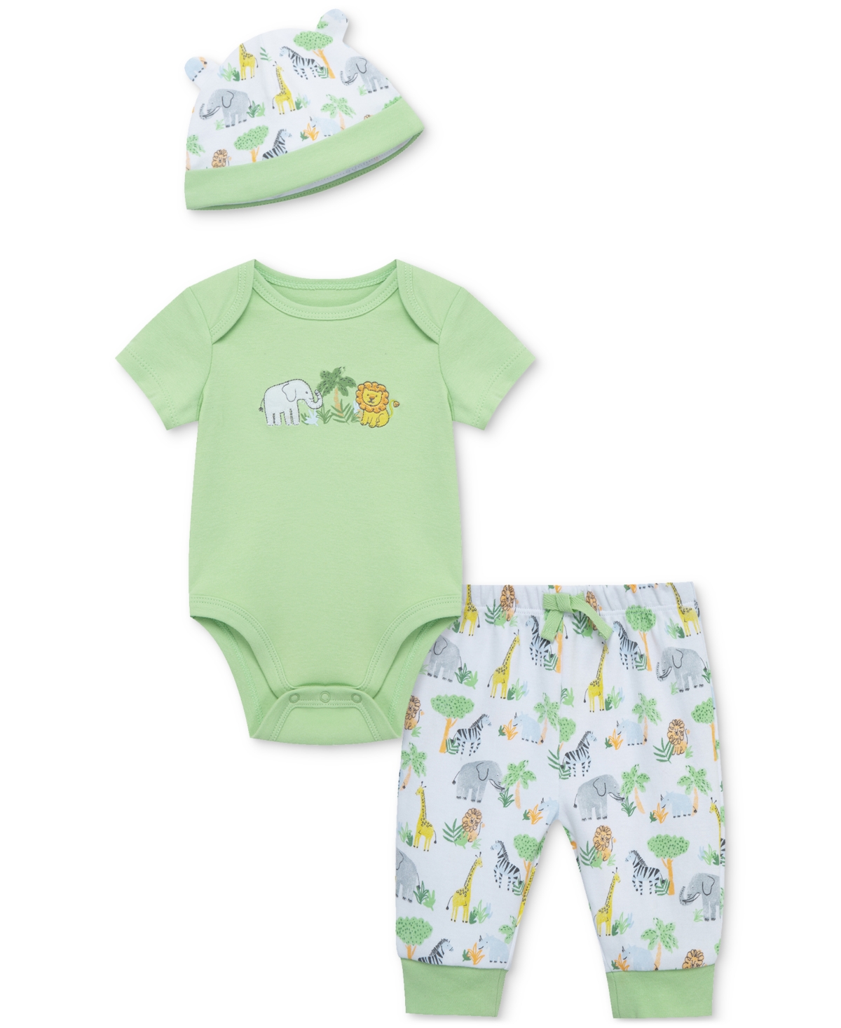Shop Little Me Baby Boys Jungle Cotton Bodysuit, Pant & Hat, 3 Piece Set In Green